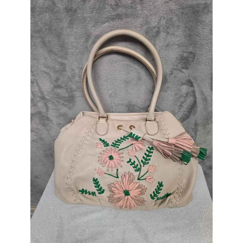 Isabella Fiore Shoulder Bag Ivory Leather Floral Applique Tassel Whipstitch Pink